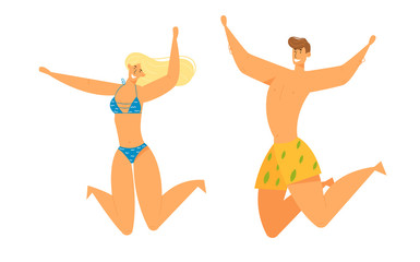 Happy People Characters Wearing Swimming Suits Jumping with Hands Up, Celebrating Beach Party. Man and Woman Having Fun on Summer Vacation, Male and Female Rejoice. Cartoon Flat Vector Illustration