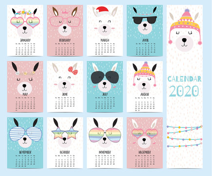 Animal calendar 2020 with llama for children.Can be used for printable graphic