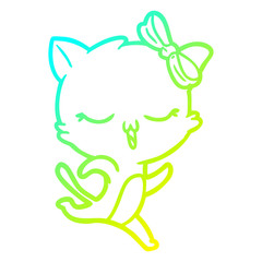 cold gradient line drawing cartoon cat with bow on head