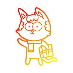 warm gradient line drawing happy cartoon cat with christmas present