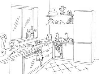 Kitchen mess room graphic black white home interior sketch illustration vector