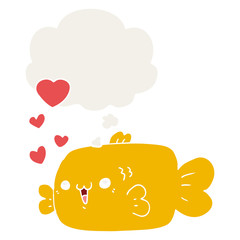 cute cartoon fish with love hearts and thought bubble in retro style