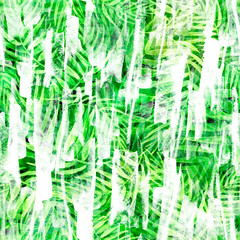 Tropical leaves. Watercolor leaves of a tree, palms, bamboo, nettle, abstract splash. Watercolor abstract seamless background, pattern, spot, splash of paint, blot, divorce, color. Tropic pattern.