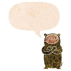 cartoon bear and speech bubble in retro textured style