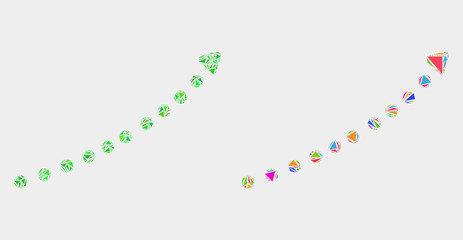 Dotted up trend arrow collage icon of triangle items which have variable sizes and shapes and colors. Geometric abstract vector design concept of dotted up trend arrow.