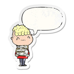 cartoon friendly boy and books and speech bubble distressed sticker