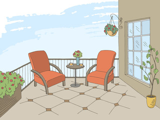 Balcony graphic color interior sketch illustration vector