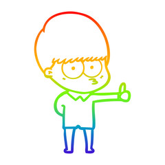 rainbow gradient line drawing curious cartoon boy giving thumbs up sign