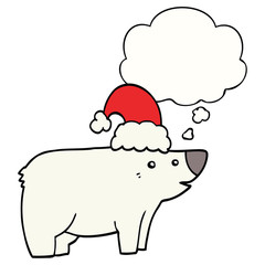 cartoon bear wearing christmas hat and thought bubble
