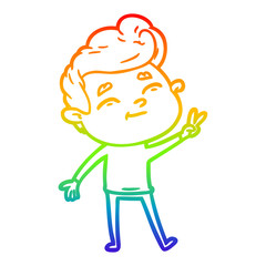 rainbow gradient line drawing happy cartoon man giving a peace sign