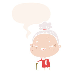 cartoon old woman and walking stick and speech bubble in retro style