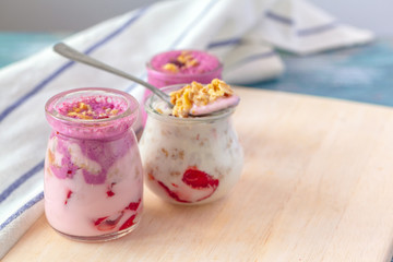 Close up of fruit yougurt smoothie - health living concept