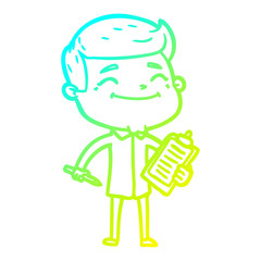 cold gradient line drawing happy cartoon man taking survey