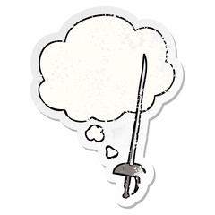 cartoon sword and thought bubble as a distressed worn sticker