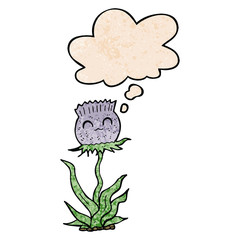 cartoon thistle and thought bubble in grunge texture pattern style