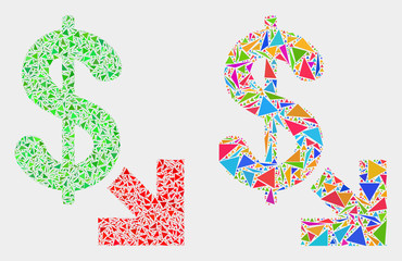 Export dollar mosaic icon of triangle items which have different sizes and shapes and colors. Geometric abstract vector illustration of export dollar.