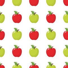 Seamless pattern with red and green apples on white background. Organic fruit. Cartoon style. Vector illustration for design, web, wrapping paper, fabric, wallpaper.