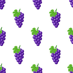 Seamless pattern with purple grapes on white background. Bunch of purple grapes with stem and leaf. Cartoon style. Vector illustration for design, web, wrapping paper, fabric, wallpaper.