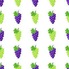 Seamless pattern with purple and green grapes on white background. Bunch of purple grapes with stem and leaf. Vector illustration for design, web, wrapping paper, fabric, wallpaper.