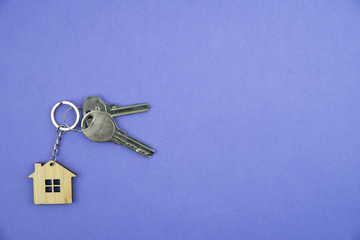 Buying a house, building repair and mortgage concept. Estimation real estate property with loan money and banking. Plan of a house, keys and calculator on trendy purple background. 