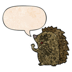 cartoon hedgehog and speech bubble in retro texture style