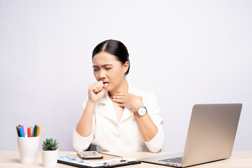 Woman has sore throat at office isolated white background