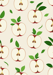 Apple seamless pattern and slice with leaves on vintage background. Red apples fruits vector illustration.