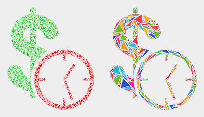 Dollar credit time mosaic icon of triangle elements which have different sizes and shapes and colors. Geometric abstract vector illustration of dollar credit time.