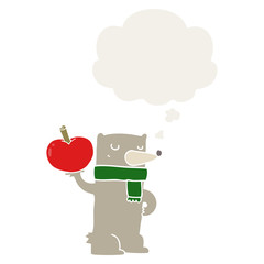 cartoon bear with apple and thought bubble in retro style