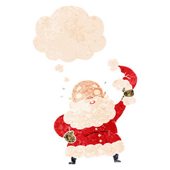 cartoon santa claus waving hat and thought bubble in retro textured style