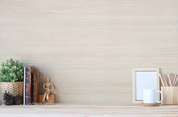 Mockup workspace desk and copy space books,plant and coffee on white desk..