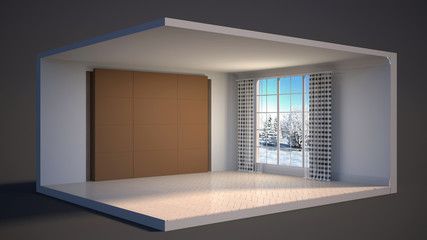 Fototapeta na wymiar interior with large window. 3d illustration