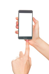 Woman holding black modern smart phone with isolated screen for app or web site presentation