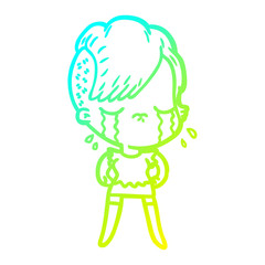 cold gradient line drawing cartoon crying girl