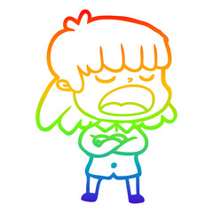 rainbow gradient line drawing cartoon woman talking loudly