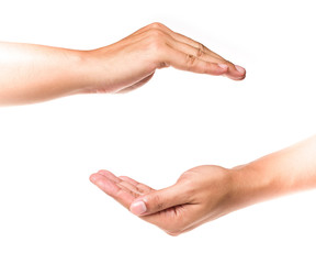Hands showing gestures, protection or measuring size of something. Isolated background.
