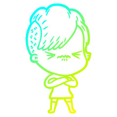 cold gradient line drawing cartoon annoyed hipster girl