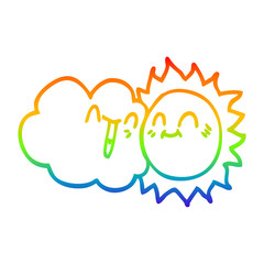 rainbow gradient line drawing cartoon happy sun and cloud