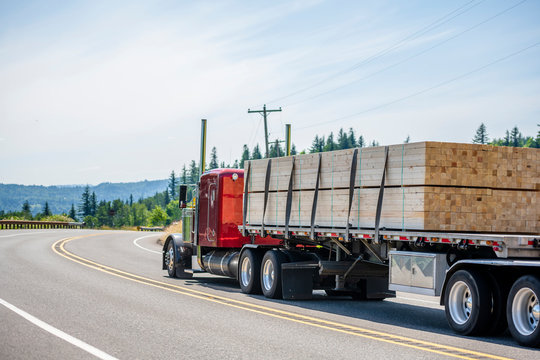 Red big rig semi truck transporting wood lumber on the flat bed semi trailer running on the turning road