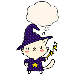 cartoon cat wizard and thought bubble in comic book style