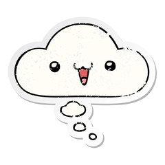 cute happy face cartoon and thought bubble as a distressed worn sticker