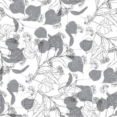 Seamless pattern with linden branches on white background. Line art and silhouettes.