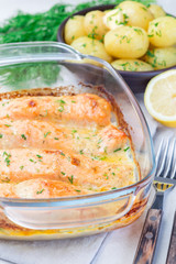 Baked in creamy sauce salmon in  glass  baking dish, vertical