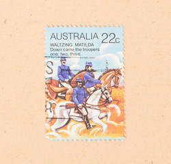 AUSTRALIA - CIRCA 1980: A stamp printed in Australia shows a scene of Waltzing Matilda, circa 1980