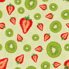 Vector seamless pattern with fruit slices. Kiwi and strawberries on a light green background