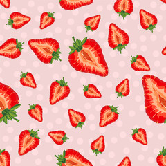 Vector seamless pattern with fruit slices. Strawberries on a pink polka dot background