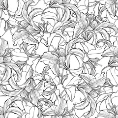 Seamless pattern with lily flowers on white background. Line art.