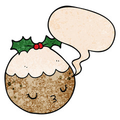 cute cartoon christmas pudding and speech bubble in retro texture style