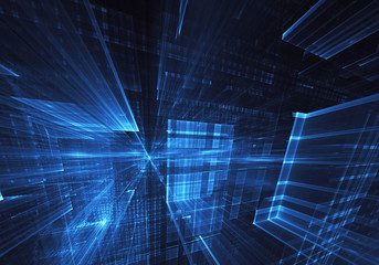 Abstract 3D fractal background, 3D illustration. Virtual Neon City