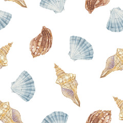 Seamless watercolor pattern with seashells on a white background.